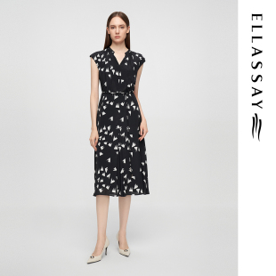 ELLASSAY歌力思夏季新款桑蚕丝印花收腰V领连衣裙女EWE362Y13100