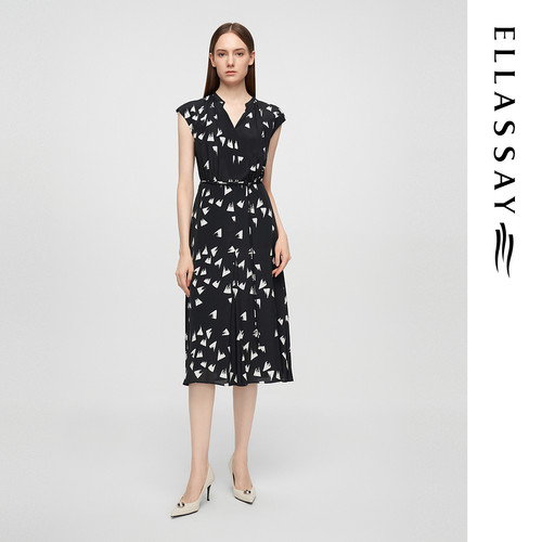 ELLASSAY歌力思夏季新款桑蚕丝印花收腰V领连衣裙女EWE362Y13100