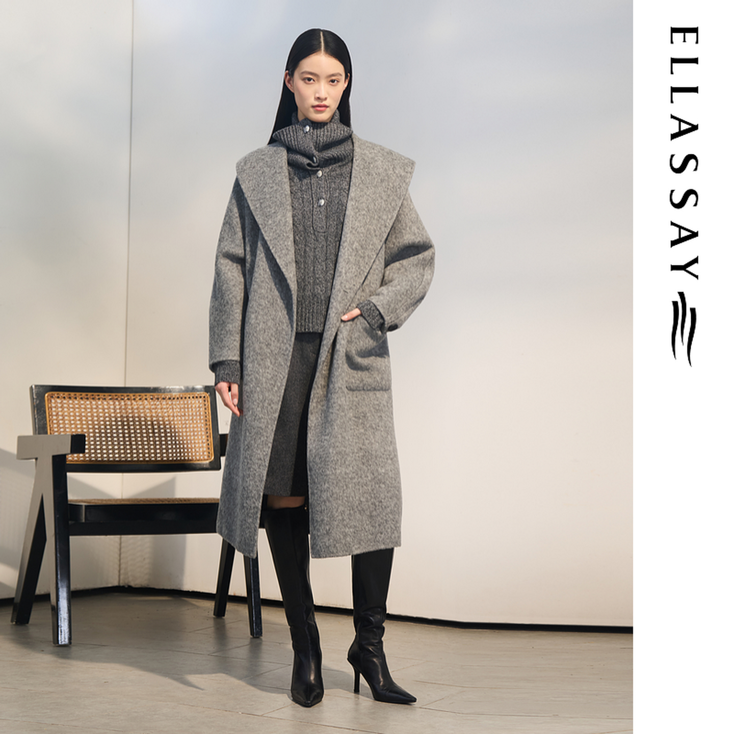 ELLASSAY歌力思2025秋冬新款绵羊毛长款毛呢大衣女EWD363D03400