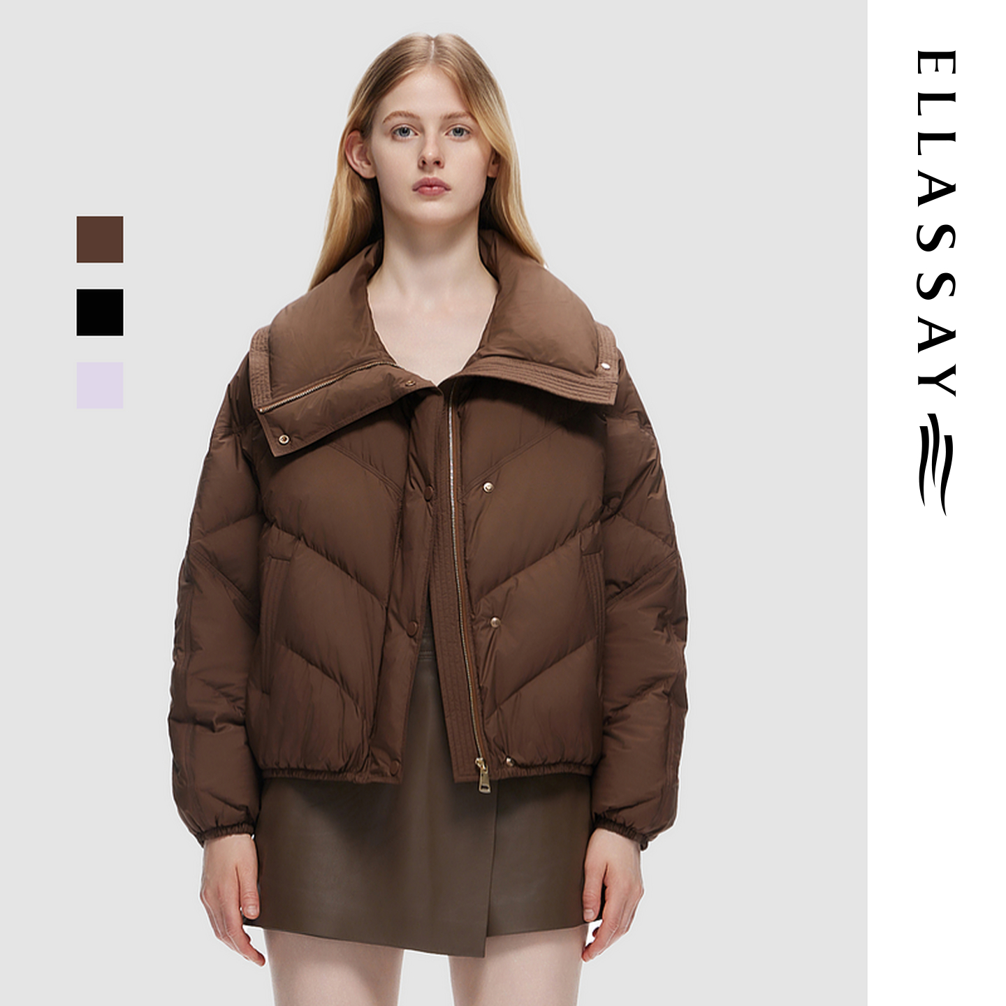 ELLASSAY歌力思秋冬新款翻领气质简约纯色羽绒服女EWD353L01500