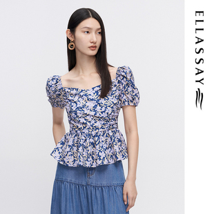 ELLASSAY歌力思夏季新款甜美泡泡袖碎花高腰衬衫女EWW342C03100