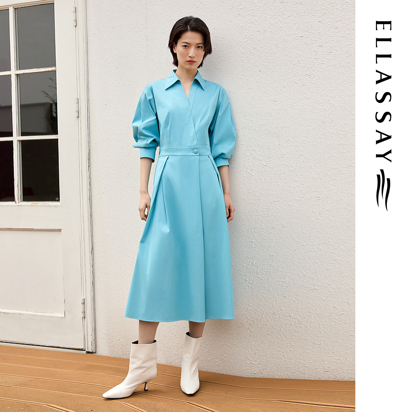 ELLASSAY歌力思秋季新款棉松石绿收腰衬衫连衣裙女EWE363Y06200