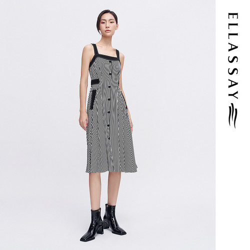 ELLASSAY歌力思早春新款三醋酸条纹气质连衣裙女EWE341Y02500