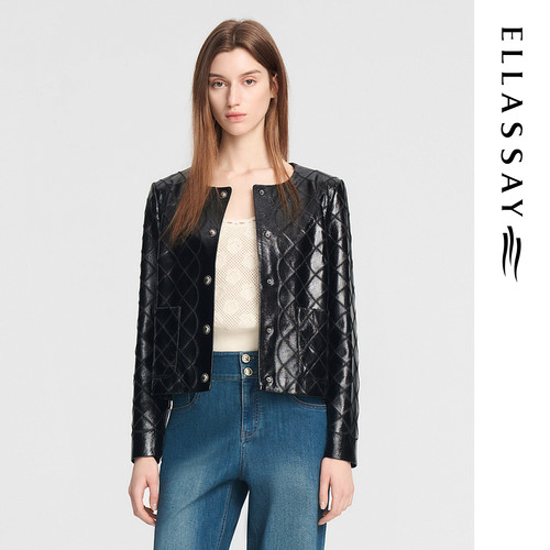 ELLASSAY歌力思早秋新款菱格压纹摩登亮面羊皮皮衣女EWE353X04100