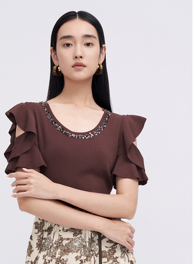 ELLASSAY歌力思夏季新款露肩袖简约套头短袖针织衫女EWE342M03100