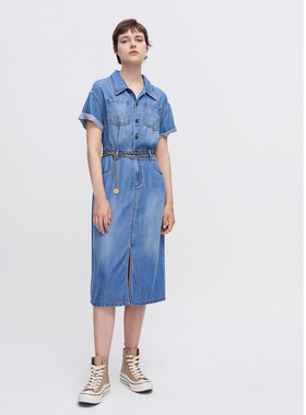 ELLASSAY歌力思早春新品开叉衬衫式简约牛仔连衣裙女EWW341N03300
