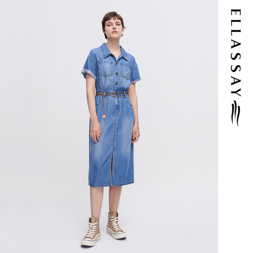 ELLASSAY歌力思早春新品开叉衬衫式简约牛仔连衣裙女EWW341N03300