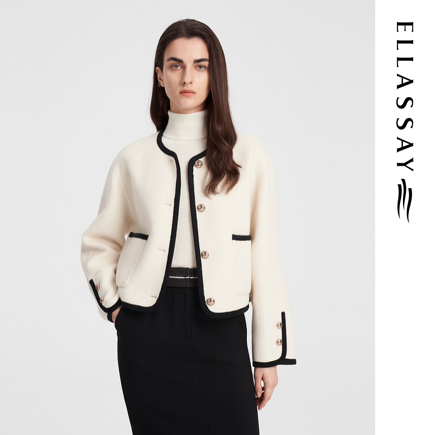 ELLASSAY歌力思秋季新款黑白撞色短款羊毛气质外套女EWB343D01300