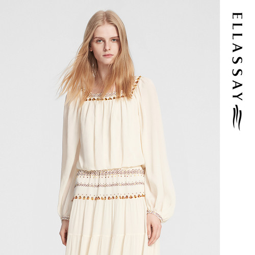 ELLASSAY歌力思秋季新款真丝波西米亚灯笼袖衬衫女EWW353C00500