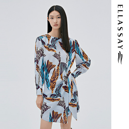 ELLASSAY歌力思秋季新款花草图案捏褶收腰连衣裙女EWE333Y05900