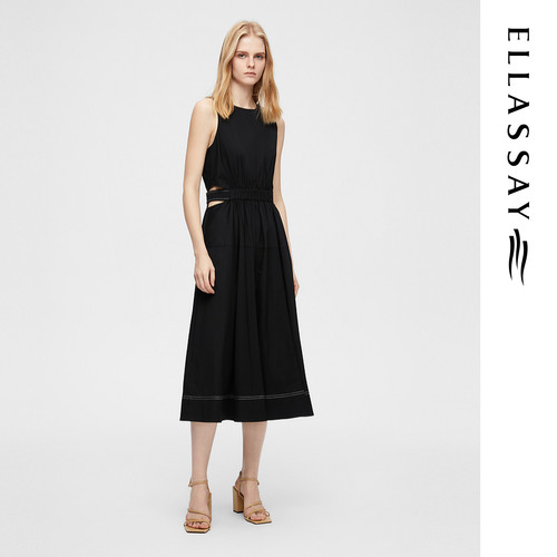 ELLASSAY歌力思夏季新款棉腰侧镂空黑色无袖连衣裙女EWB362Y02500