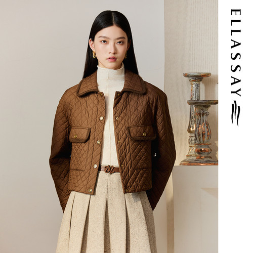 ELLASSAY歌力思2026冬季新款复古短款菱格纹棉服女EWB364L01000