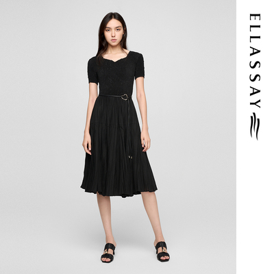 ELLASSAY歌力思夏季新款流线型压褶气质黑色连衣裙女EWE362Y10600