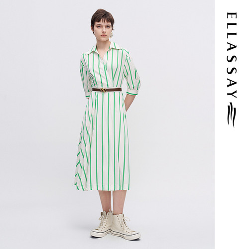 ELLASSAY歌力思早春新款绿条纹衬衫式连衣裙女EWW341Y04400