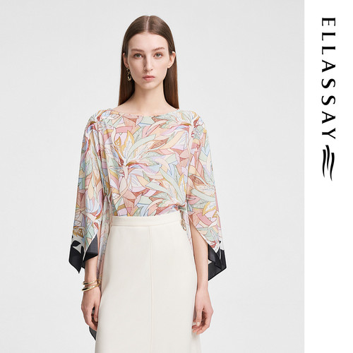 ELLASSAY歌力思夏季新款桑蚕丝宽松披肩式印花衬衫女EWF352C02400