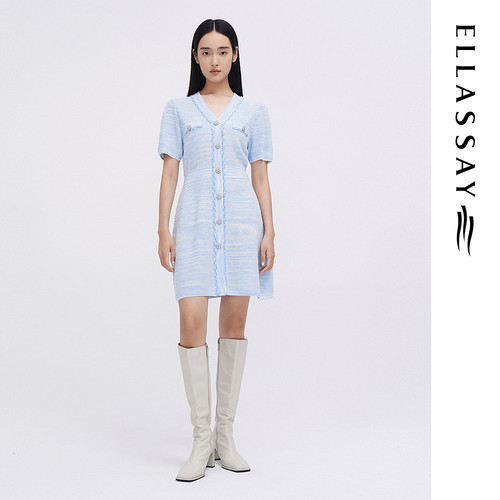 ELLASSAY歌力思早春新款小香风V领针织连衣裙女EWE341M02200