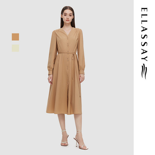 ELLASSAY歌力思春季新款棉简约优雅单排扣连衣裙女EWD351Y08400