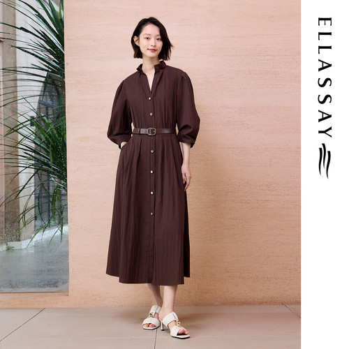 ELLASSAY歌力思26早春新款棉弹捏褶立领风衣连衣裙女EWE371Y12200