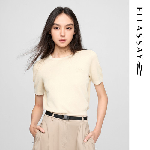 ELLASSAY歌力思早春新款棉简约圆领亚麻棕针织衫女EWW361M03700