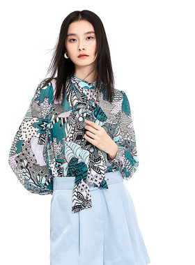 ELLASSAY歌力思夏季新款桑蚕丝飘带设计印花衬衫女EWE332C05800