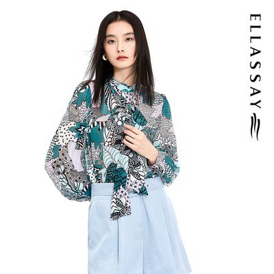 ELLASSAY歌力思夏季新款桑蚕丝飘带设计印花衬衫女EWE332C05800