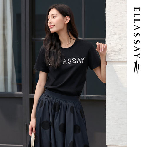 ELLASSAY歌力思夏季新款100%棉珍珠钻饰圆领T恤女EWE363Z00100