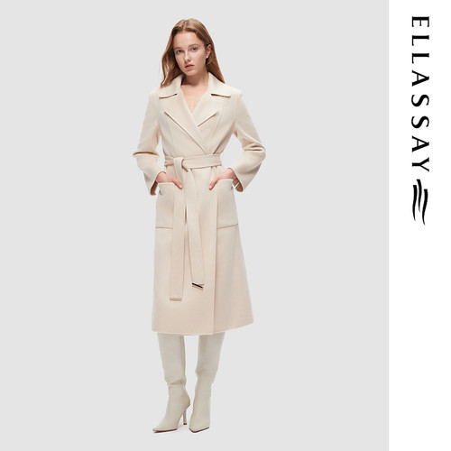 ELLASSAY歌力思秋冬新款简约复古系带长款毛呢大衣女EWD361D00300