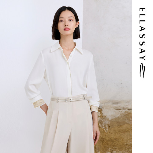 ELLASSAY歌力思26春季新款桑蚕丝鸢尾花钉珠衬衫女EWF371C00500