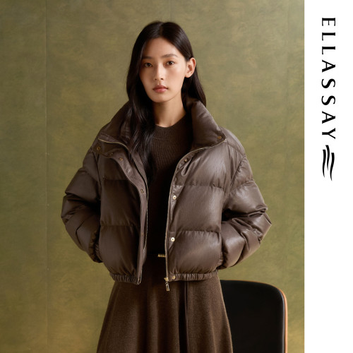 ELLASSAY歌力思冬季新款羊皮革复古短款鹅绒羽绒服女EWF364X01000