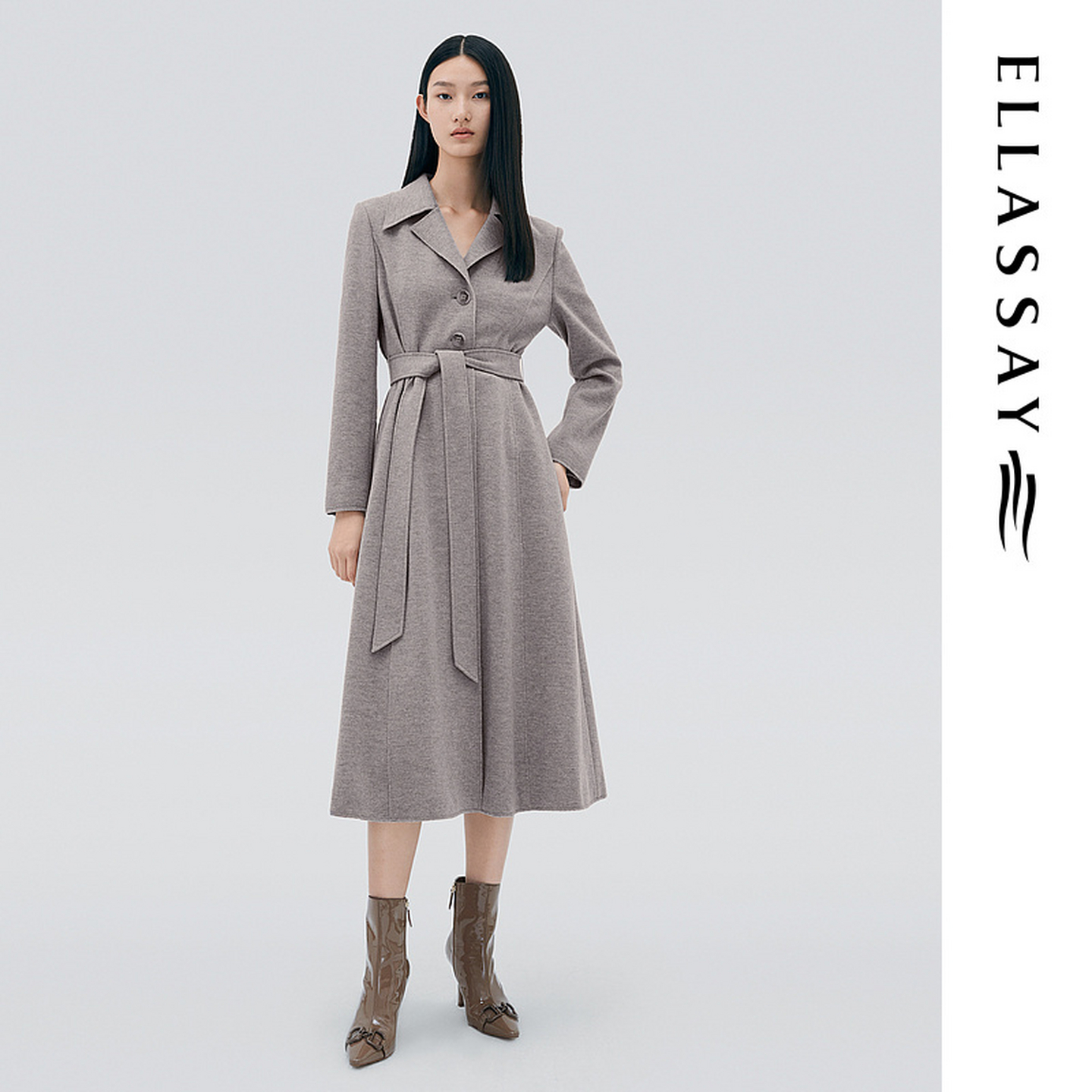 ELLASSAY歌力思秋季新款纯色腰带设计气质毛呢大衣女EWE333D00200