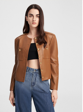 ELLASSAY歌力思秋季新款短款小圆领皮夹克外套女EWB343X00100