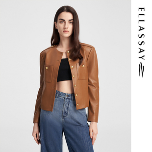 小圆领皮夹克外套女EWB343X00100 短款 ELLASSAY歌力思秋季 新款
