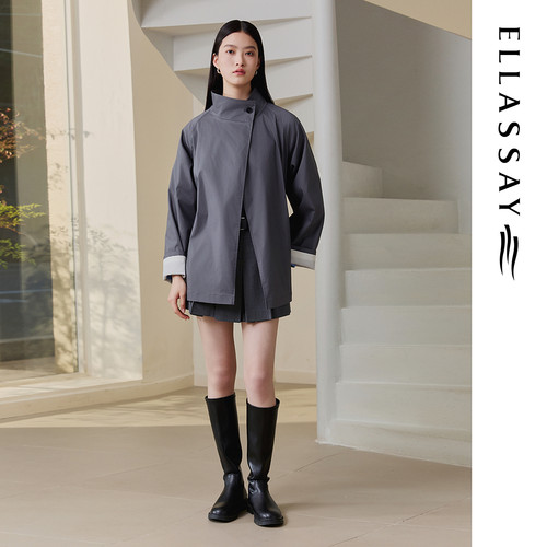 ELLASSAY歌力思秋季新款棉简约一粒扣立领中长风衣女EWB363F00100