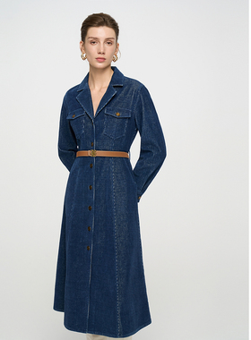 ELLASSAY歌力思秋季新款棉复古厚斜纹牛仔连衣裙女EWB363N01000