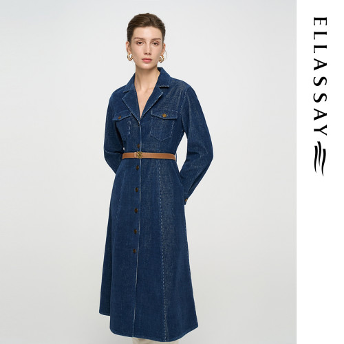 ELLASSAY歌力思秋季新款棉复古厚斜纹牛仔连衣裙女EWB363N01000