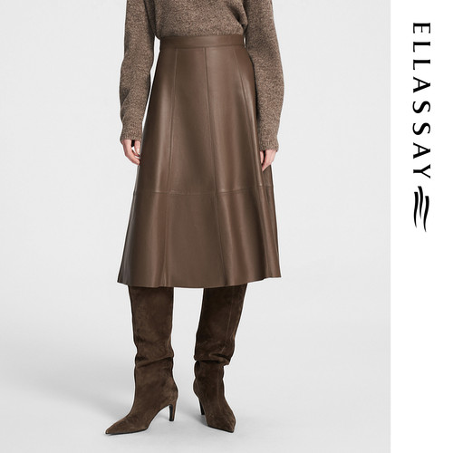 ELLASSAY歌力思秋季新款羊皮革复古摩登高腰半身裙EWE354X03400