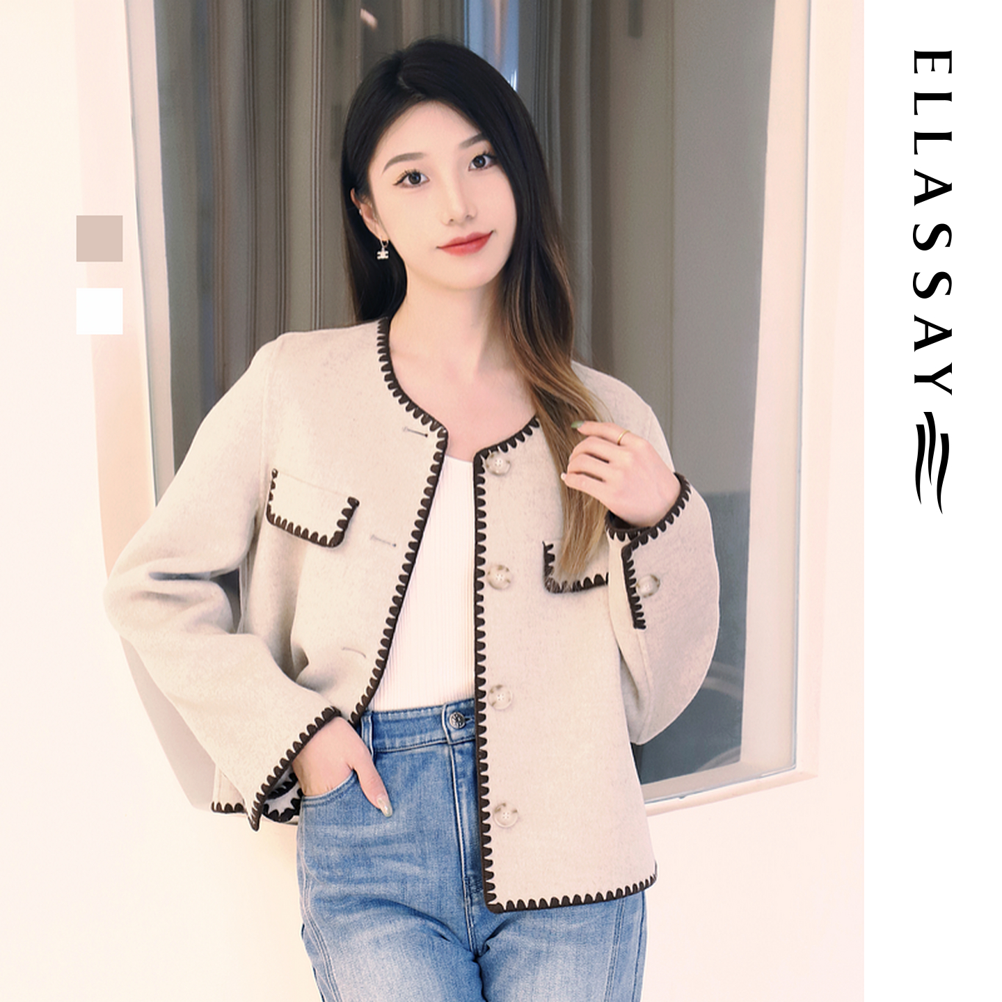 ELLASSAY歌力思秋冬新款羊毛羊绒小香风短外套女EWV343T00800