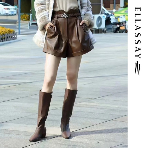 ELLASSAY歌力思早秋新款绵羊皮革气质简约休闲短裤女EWE356X04800