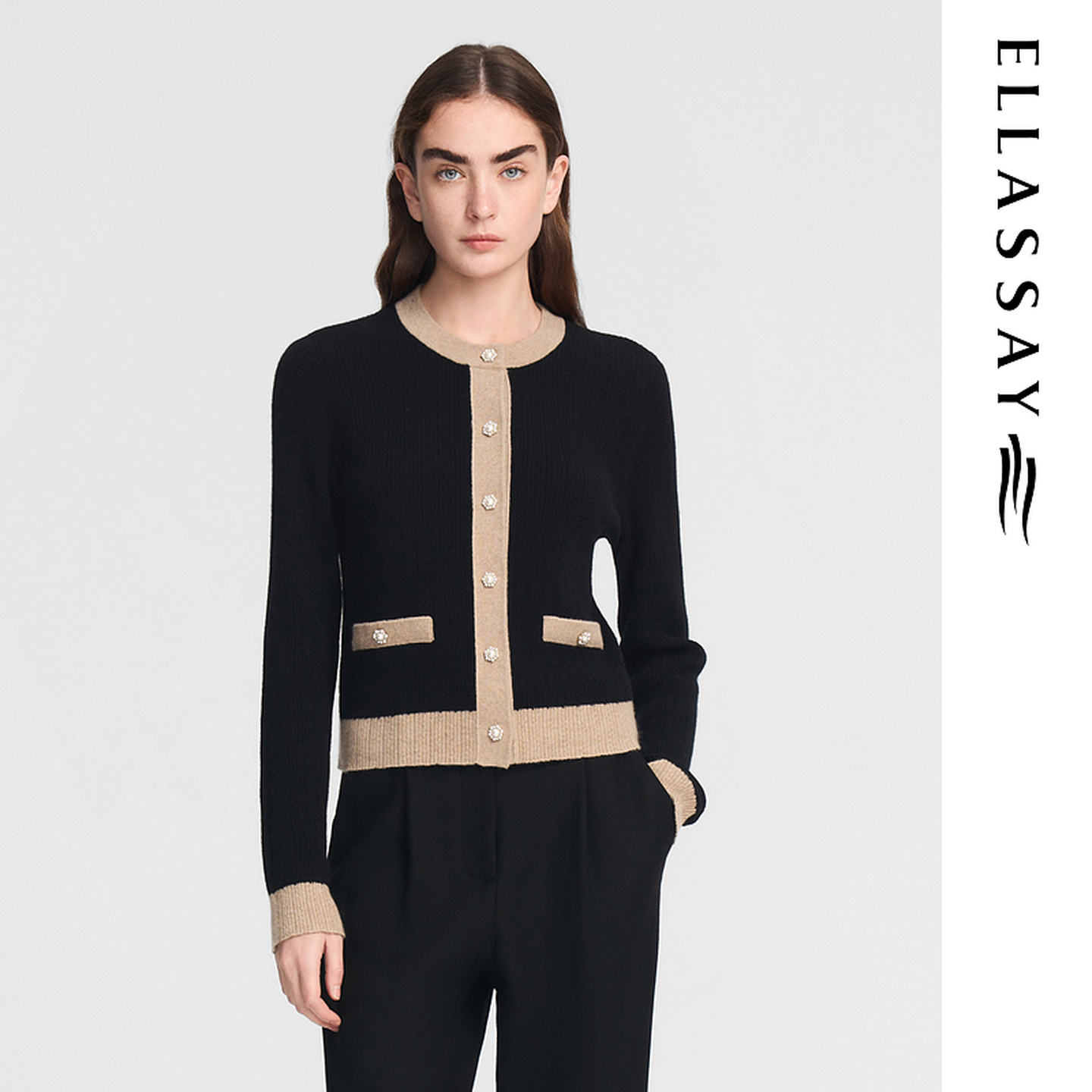 ELLASSAY歌力思秋冬新款山羊绒撞色边修身针织衫女EWE354M13100