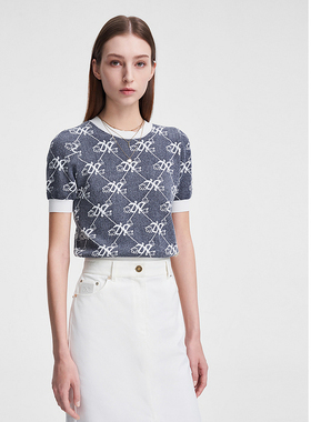 ELLASSAY歌力思春季新款撞色饰边老花圆领针织衫女EWW351M05600