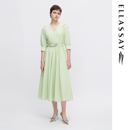 ELLASSAY歌力思春夏新款简约收腰通勤薄荷绿连衣裙女EWF341Y00600