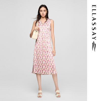 ELLASSAY歌力思夏季新款千层褶几何印花无袖连衣裙女EWE362Y19000