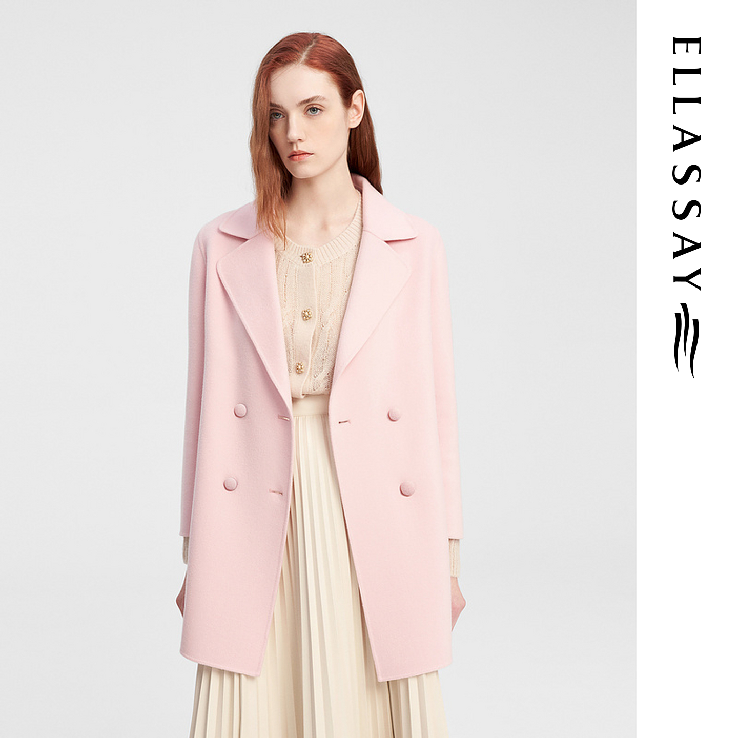ELLASSAY歌力思秋季新款羊毛羊绒温柔粉色毛呢大衣女EWE343D01500