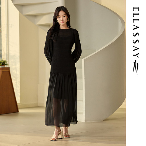 ELLASSAY歌力思早秋新款真两件超细压褶收腰连衣裙女EWB363Y00700