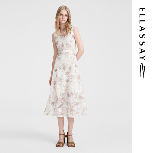 ELLASSAY歌力思夏季新款浪漫收腰显瘦印花连衣裙女EWE352Y13100