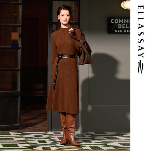 ELLASSAY歌力思2026秋冬新款弯刀袖气质长袖连衣裙女EWE364M11700