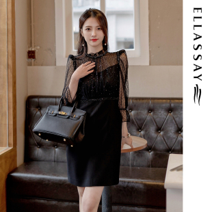 ELLASSAY歌力思2026春夏新款 网纱小黑裙繁星连衣裙EWE331Y02300