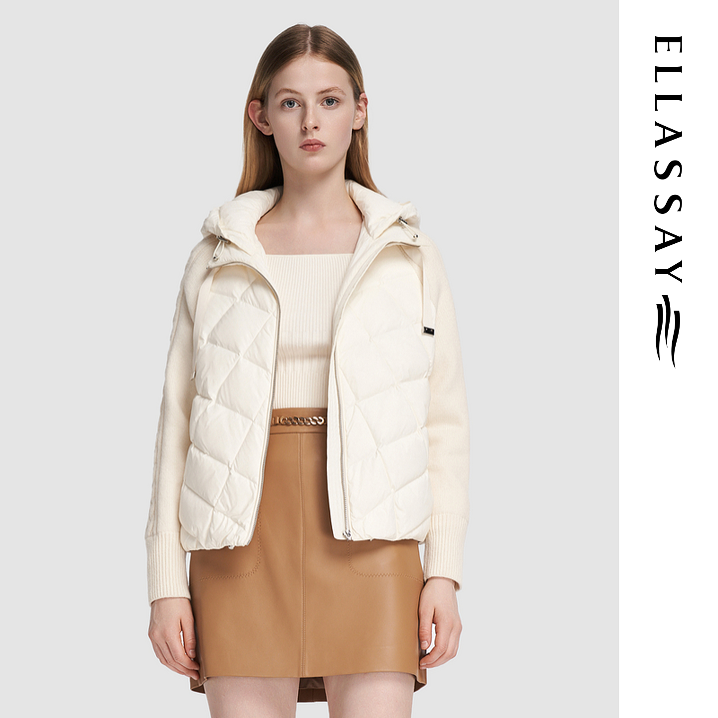 ELLASSAY歌力思秋冬新款简约拼接连帽羽绒服女EWD353L03400