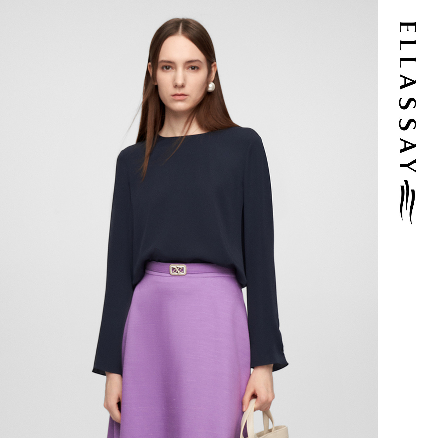 ELLASSAY歌力思春季新款100%桑蚕丝法式慵懒衬衫女EWE361C05800