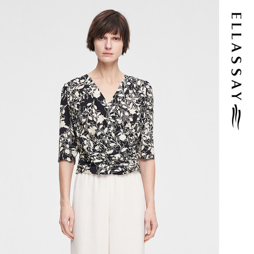 ELLASSAY歌力思夏季新款100%桑蚕丝V领衬衫女EWE352C02700